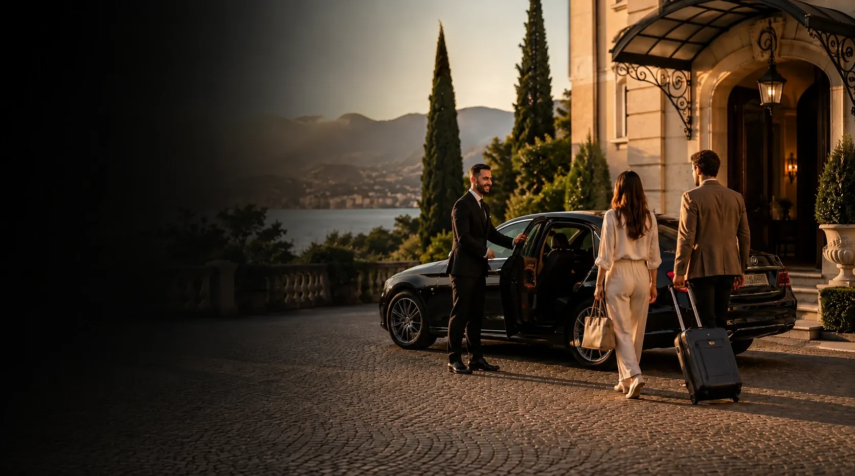 Luxury chauffeur opening the car door for guests arriving at an elegant Italian destination