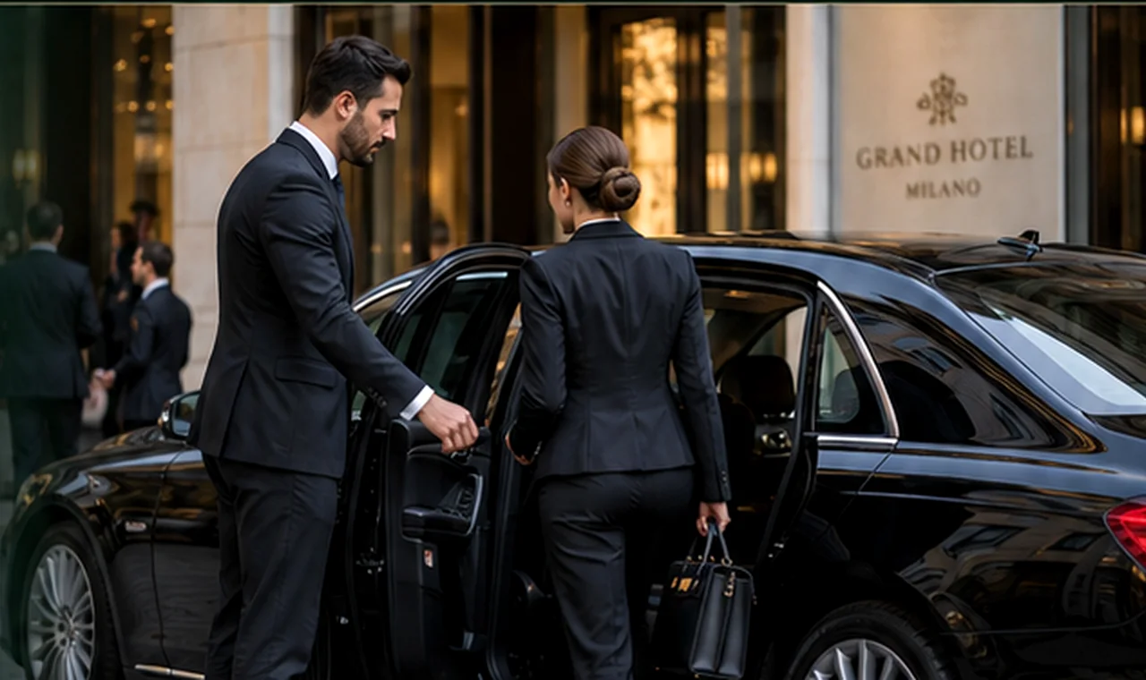 Chauffeur mit Geschäftsreisenden neben einem schwarzen Executive-Fahrzeug